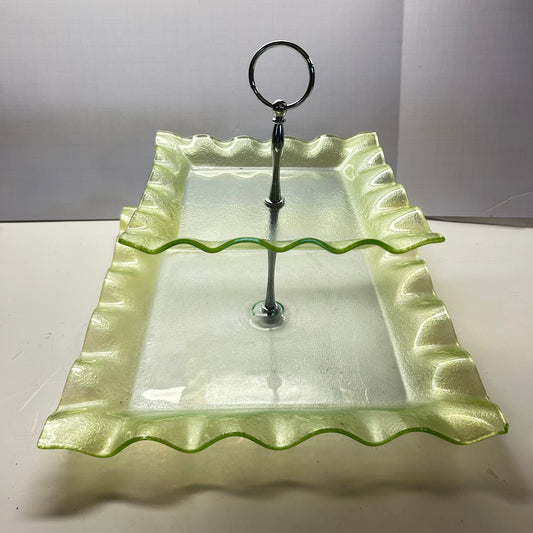 MCM Green Ruffle Glass 2-Tier Serving Tray