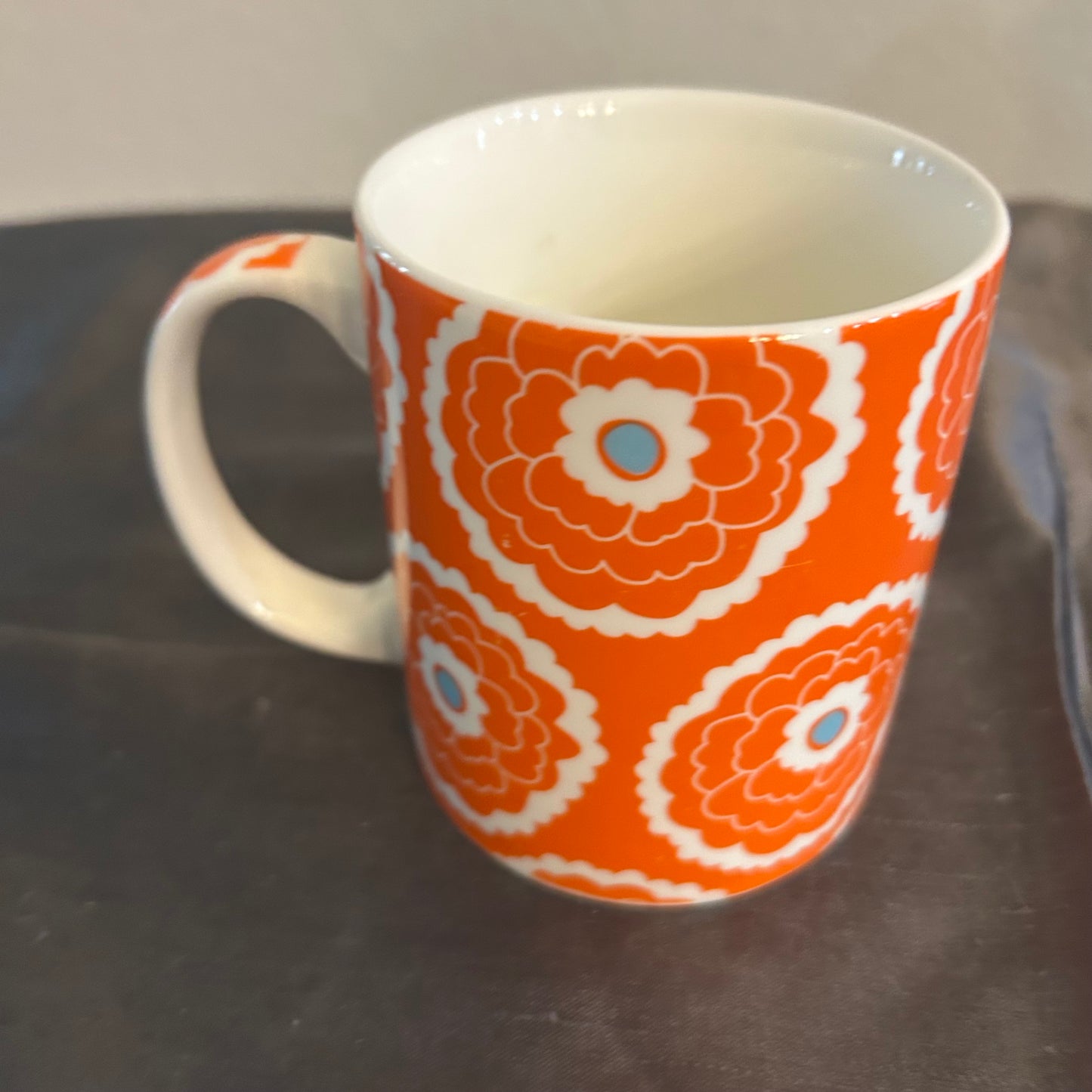 Mug Orange Blue & White w/Geometric Design Details 8oz