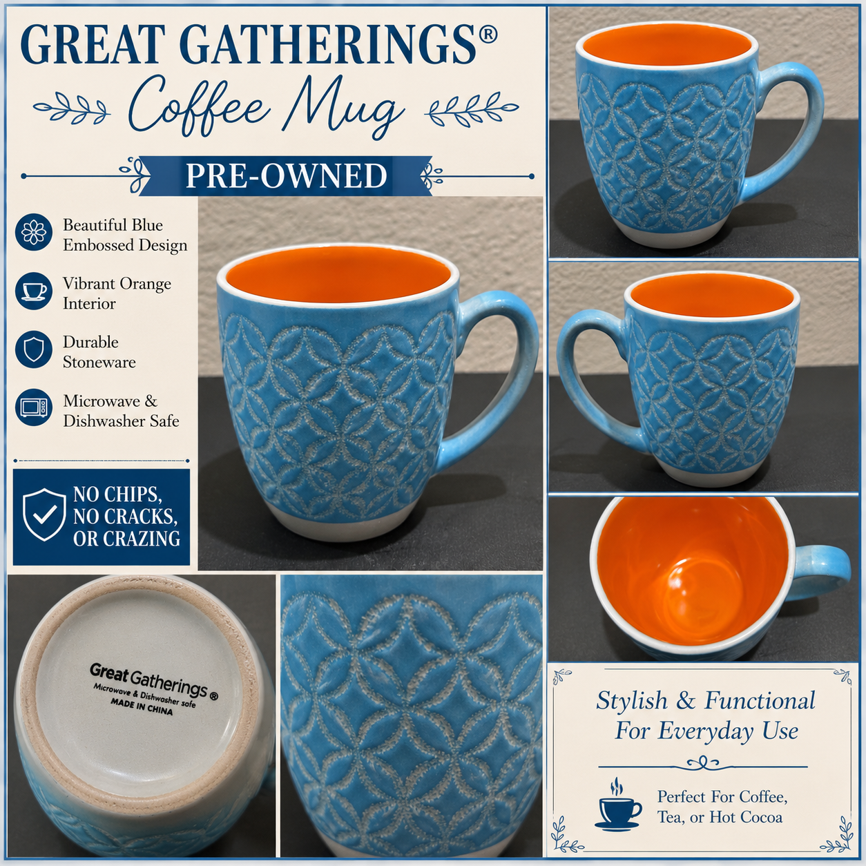 Great Gatherings ceramic blue orange coffee mug 
