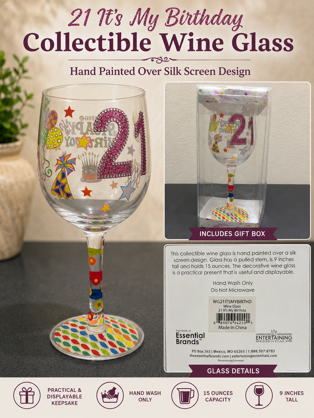 21st Birthday Decorated Wine Glass 15oz