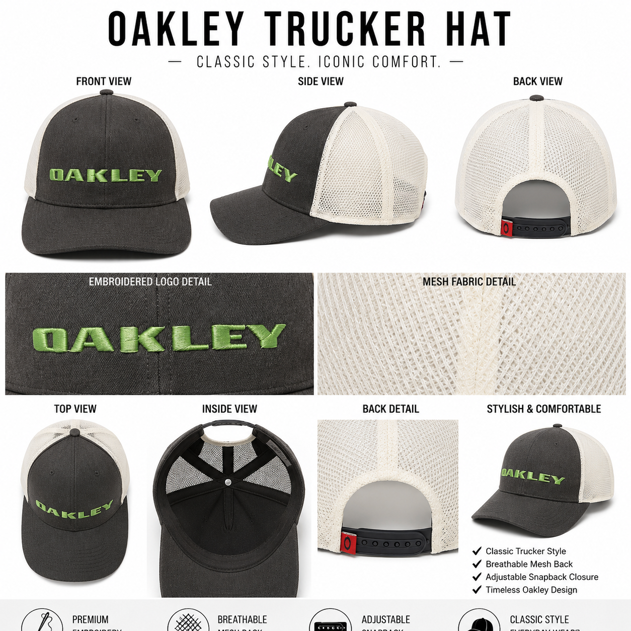 Oakley Gray and Lime Green Adjustable Hat