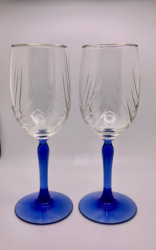 Vintage Wine Glasses with Cobalt Glass Stem |Gold Rim (set of two)