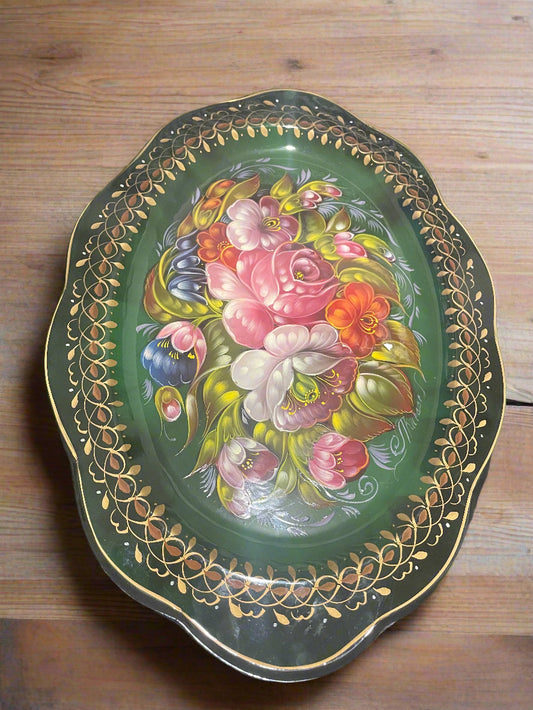 Vintage Hand Painted Russian Metal Tray Floral Design