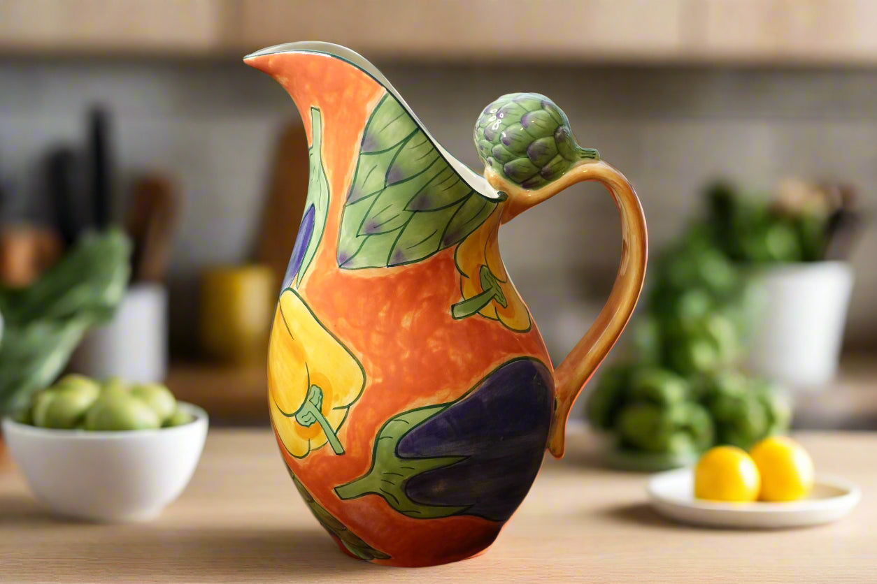 Hand Painted Pitcher Vegetable Theme w/ Artichoke Handle