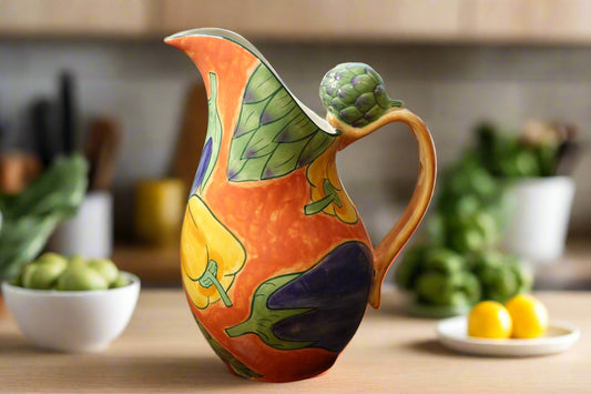 Hand Painted Pitcher Vegetable Theme  w/ Artichoke Handle