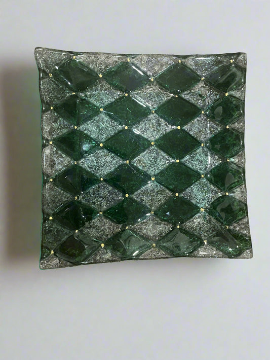 Decorative Green Diamond Design Square Glass Plate