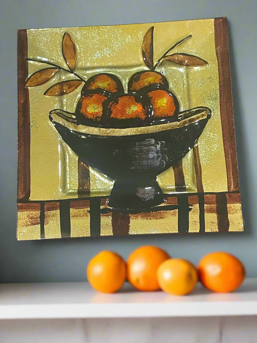 Large Square Decorative Glass Plate with Oranges in Black Pedestal Bowl