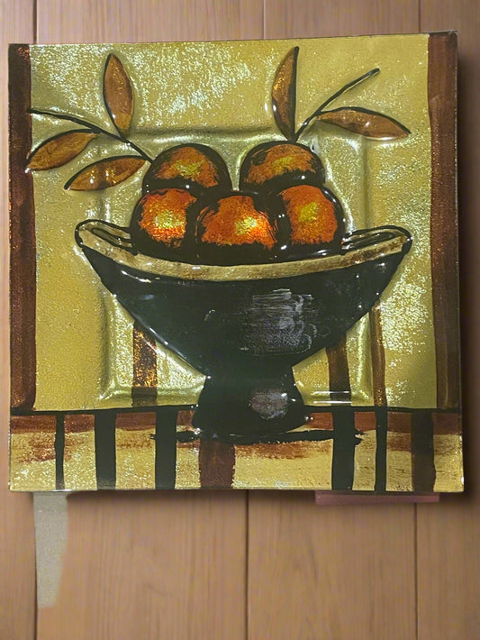 Large Square Decorative Glass Plate with Oranges in Black Pedestal Bowl