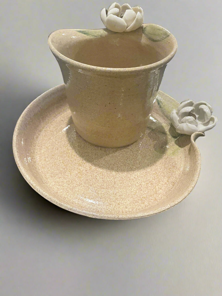 Original Handmade Pottery Bowl & Plate Sand Brown w/ White Flowers