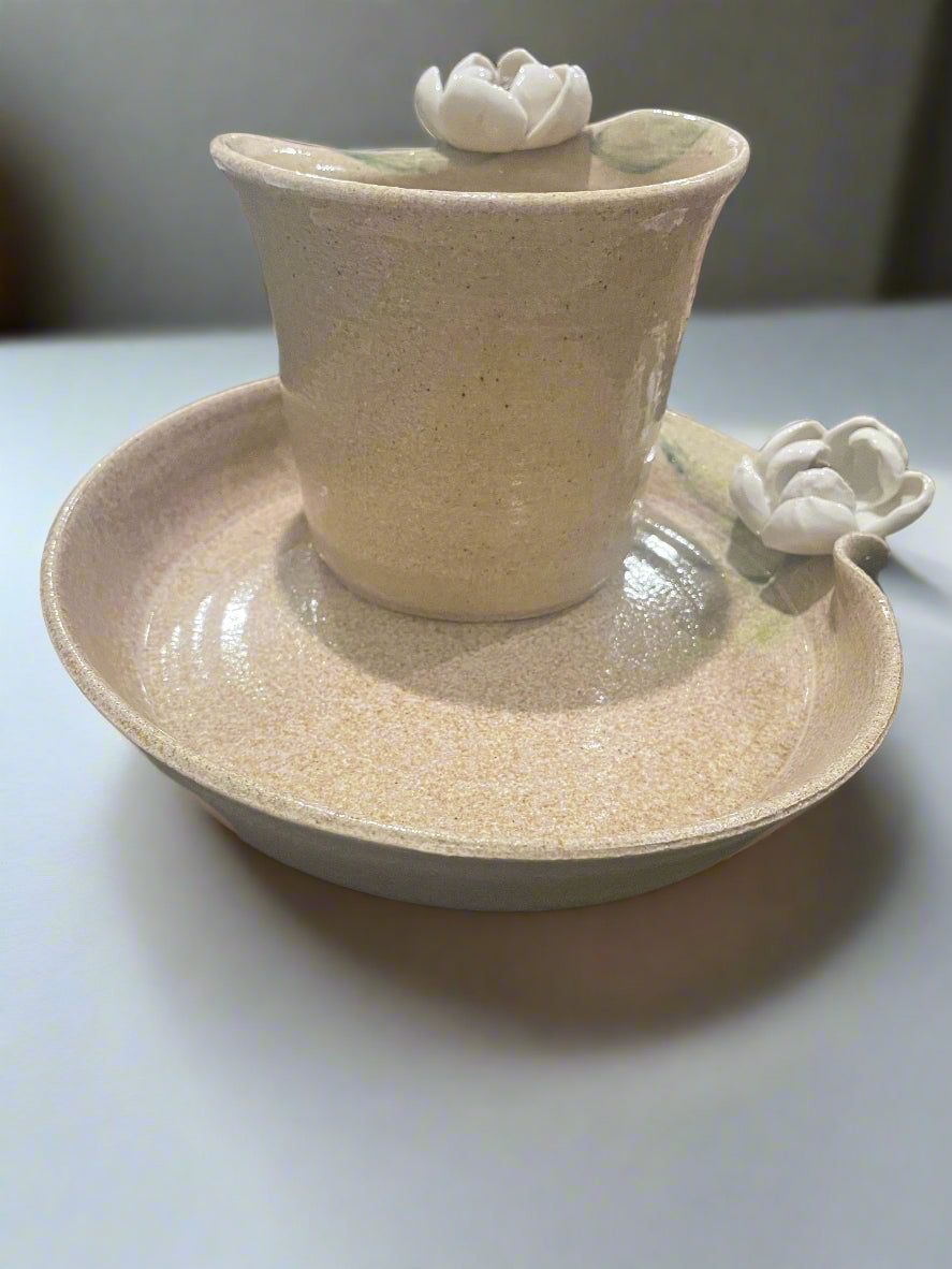 Original Handmade Pottery Bowl & Plate Sand Brown w/ White Flowers