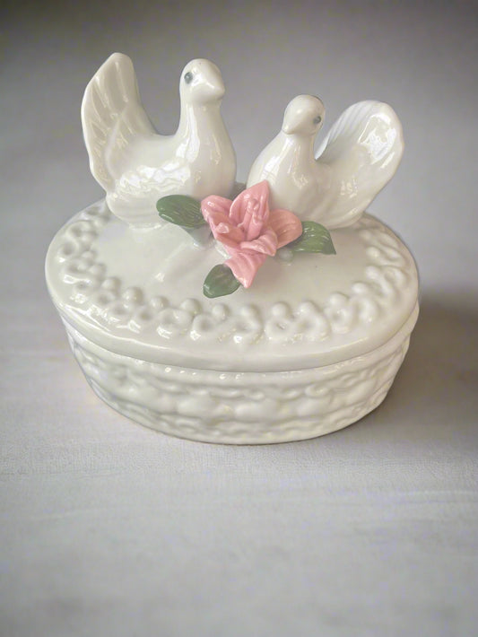 Vintage White Porcelain Trinket Box with Doves and Pink Rose