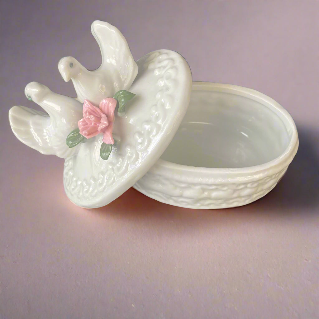 Vintage White Porcelain Trinket Box with Doves and Pink Rose
