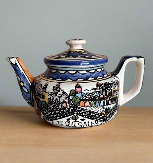 Ceramic White and Blue Hand Painted "Jerusalem" Teapot