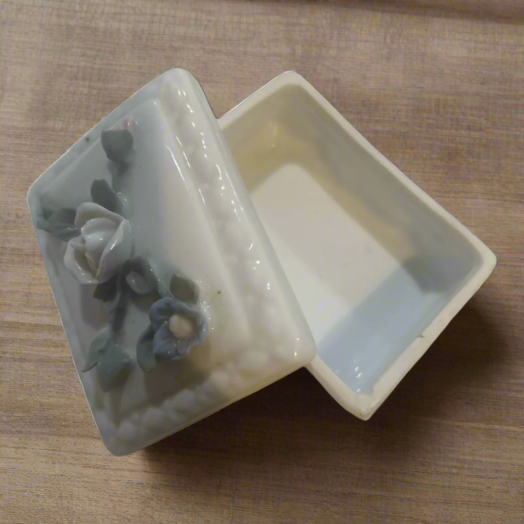 Vintage White Ceramic Floral Trinket Box