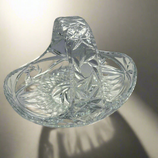 Vintage Crystal Cut Glass Basket Candy/Trinket Dish w/ Handle
