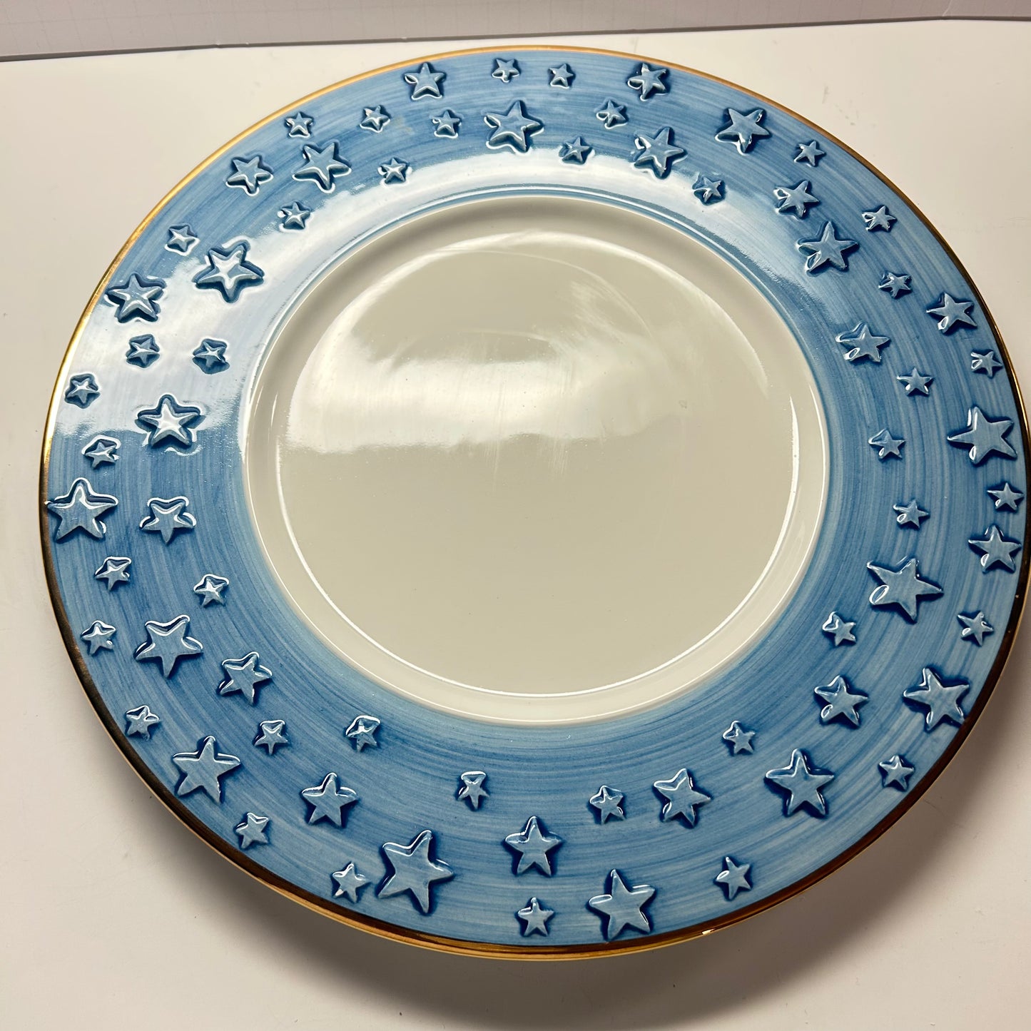 Large Blue Star Decorative Plate w/ White Center & 18k Gold Rim (Made In Italy)