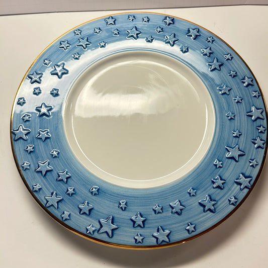 Large Blue Star Decorative Plate w/ White Center & 18k Gold Rim (Made In Italy)