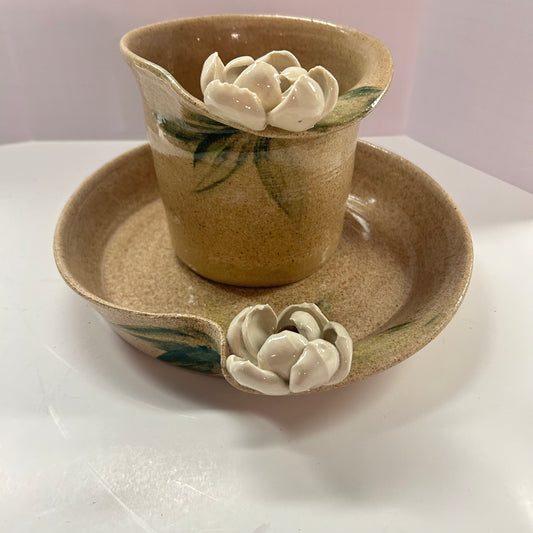 Original Handmade Pottery Bowl & Plate Sand Brown w/ White Flowers