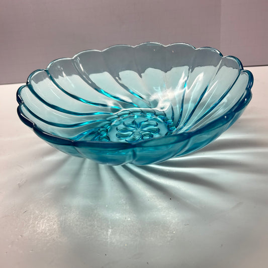 Hazel Atlas Capri Blue Seashell Swirl 9in Decorative Glass Serving Bowl