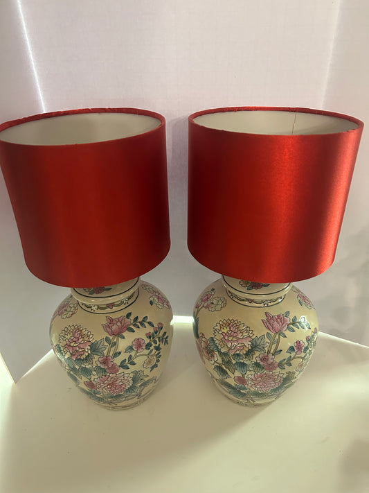 Japanese Jar Lamps with Red Shades (set of 2)