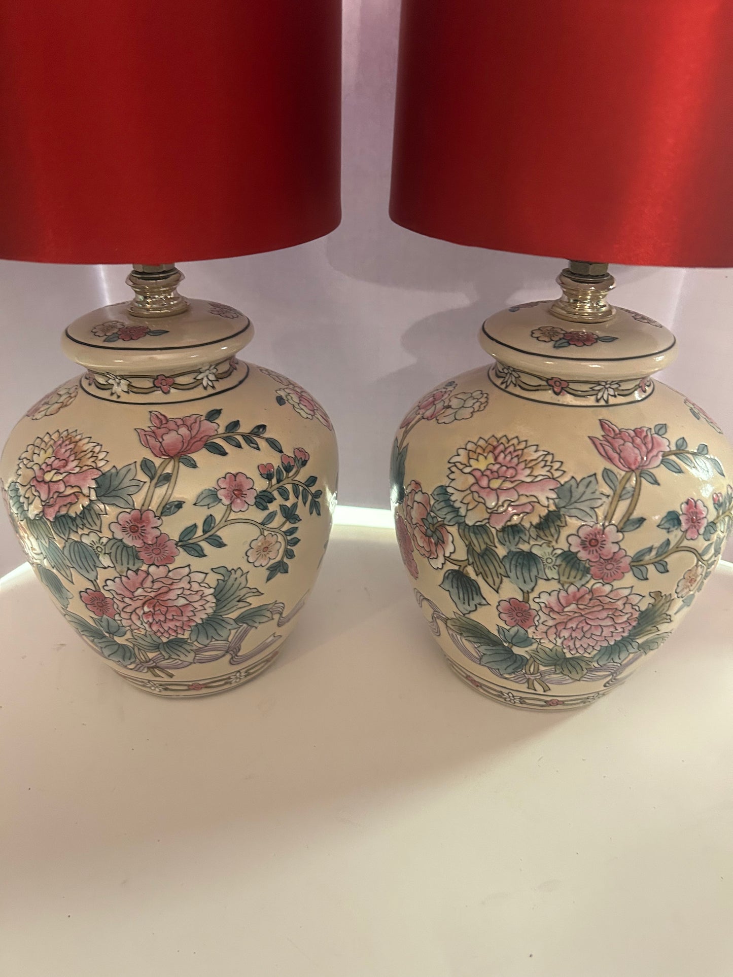 Japanese Jar Lamps with Red Shades (set of 2)