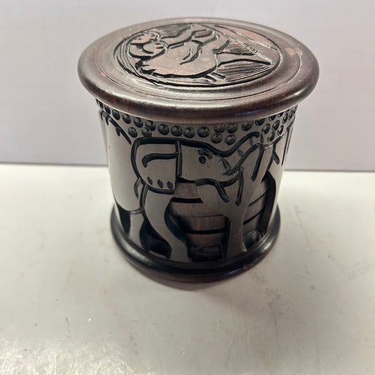 Hand Craved Elephant Coasters in Carved Holder (Dark Wood)