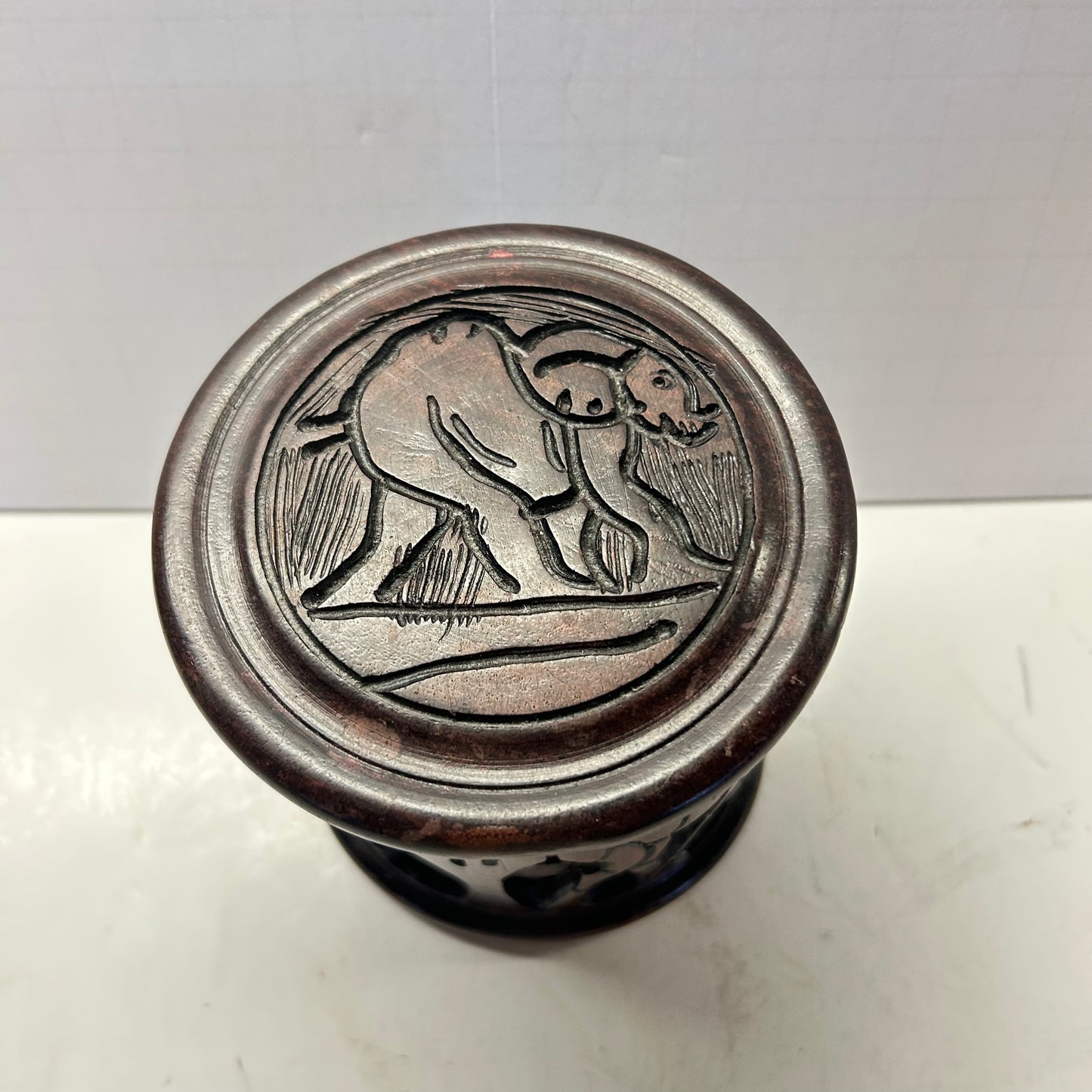 Hand Craved Elephant Coasters in Carved Holder (Dark Wood)