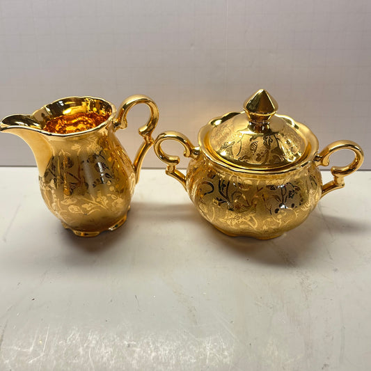 Gold Floral Design Sugar and Creamer Dishes
