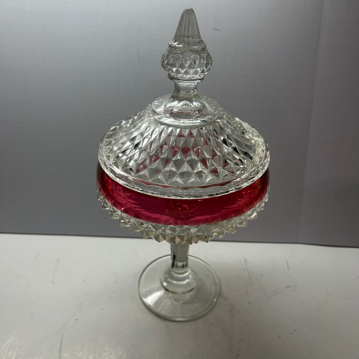 Vintage Indiana Glass Diamond Point Ruby Red Covered Pedestal Dish