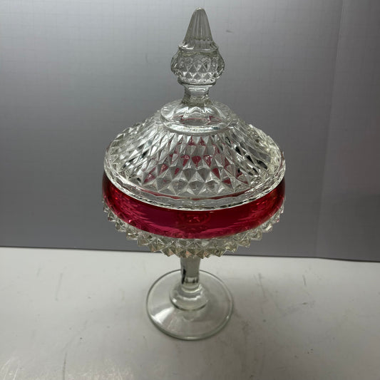 Vintage Indiana Glass Diamond Point Ruby Red Covered Pedestal Dish