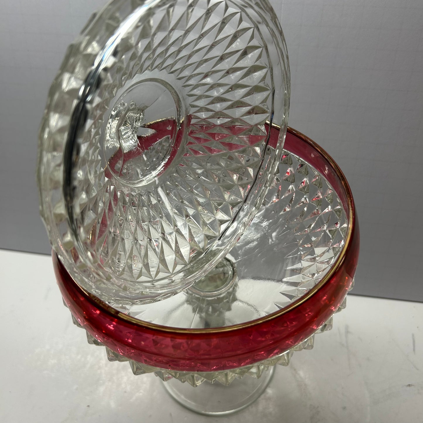 Vintage Indiana Glass Diamond Point Ruby Red Covered Pedestal Dish