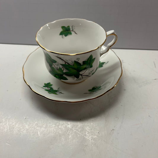 White and Green Leaf with Gold Rim Design Tea Cup & Saucer Set