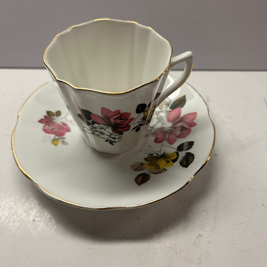 White and Pink Floral Design Tea Cup & Saucer with Gold Rim