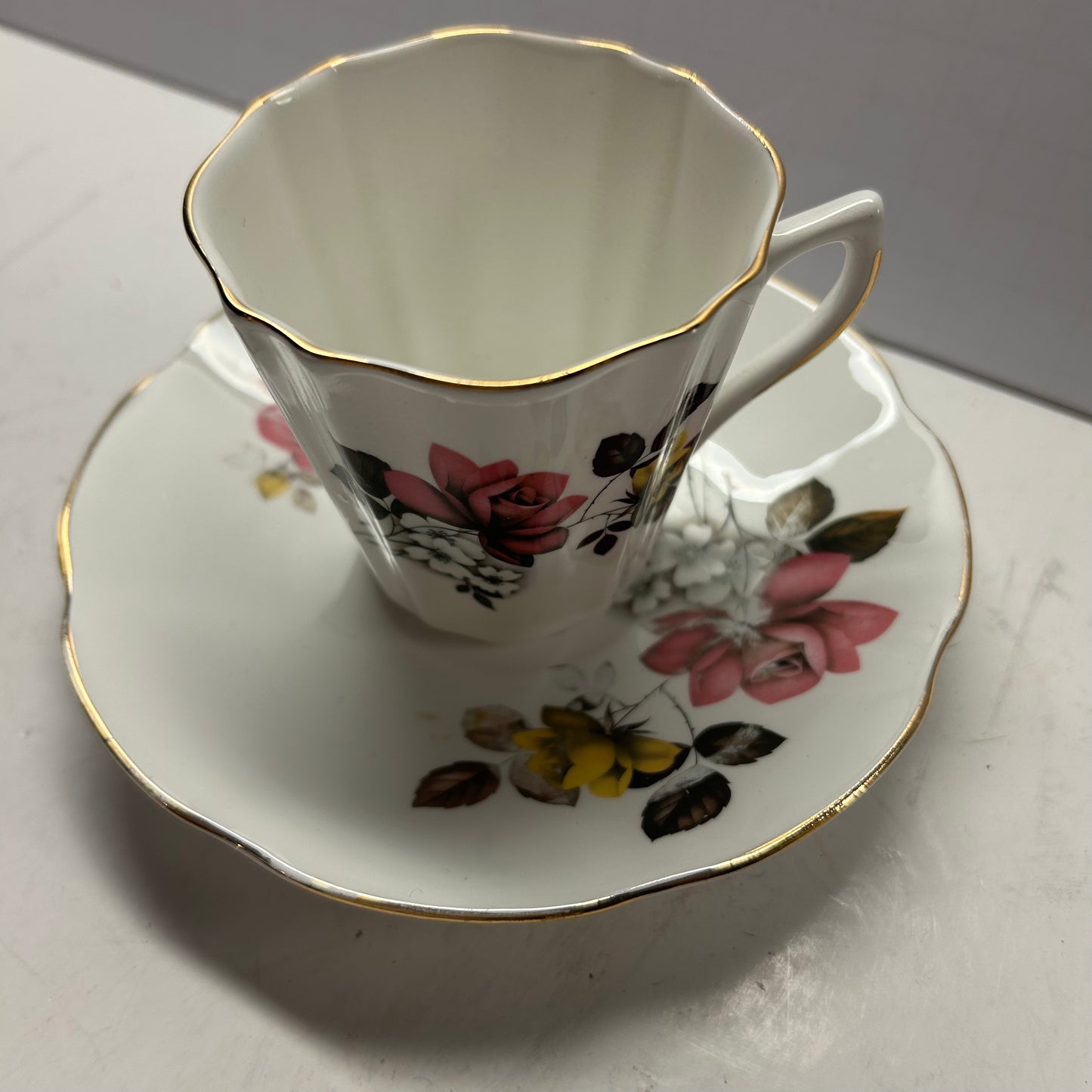 White and Pink Floral Design Tea Cup & Saucer with Gold Rim