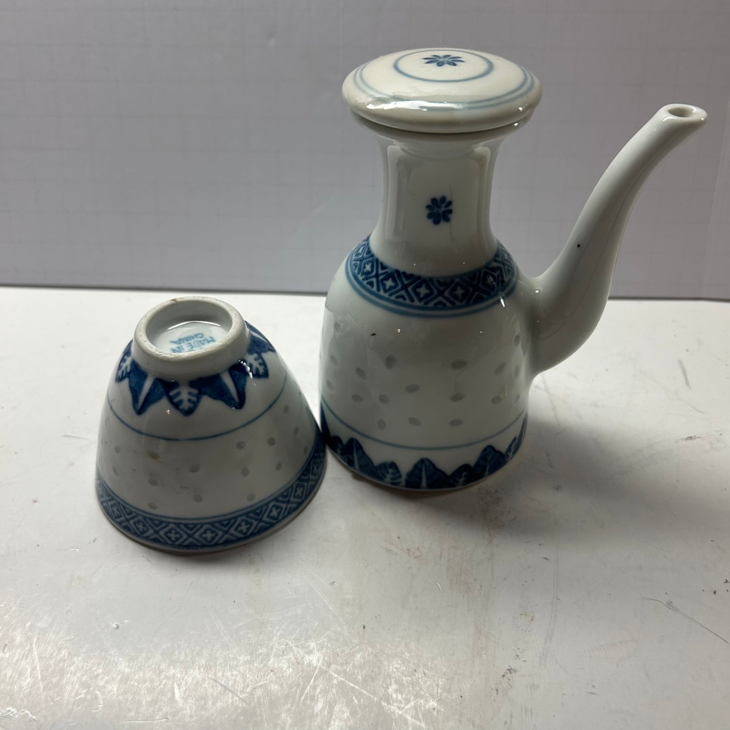 White & Blue Mini Oriental Tea Pot and Cup Set