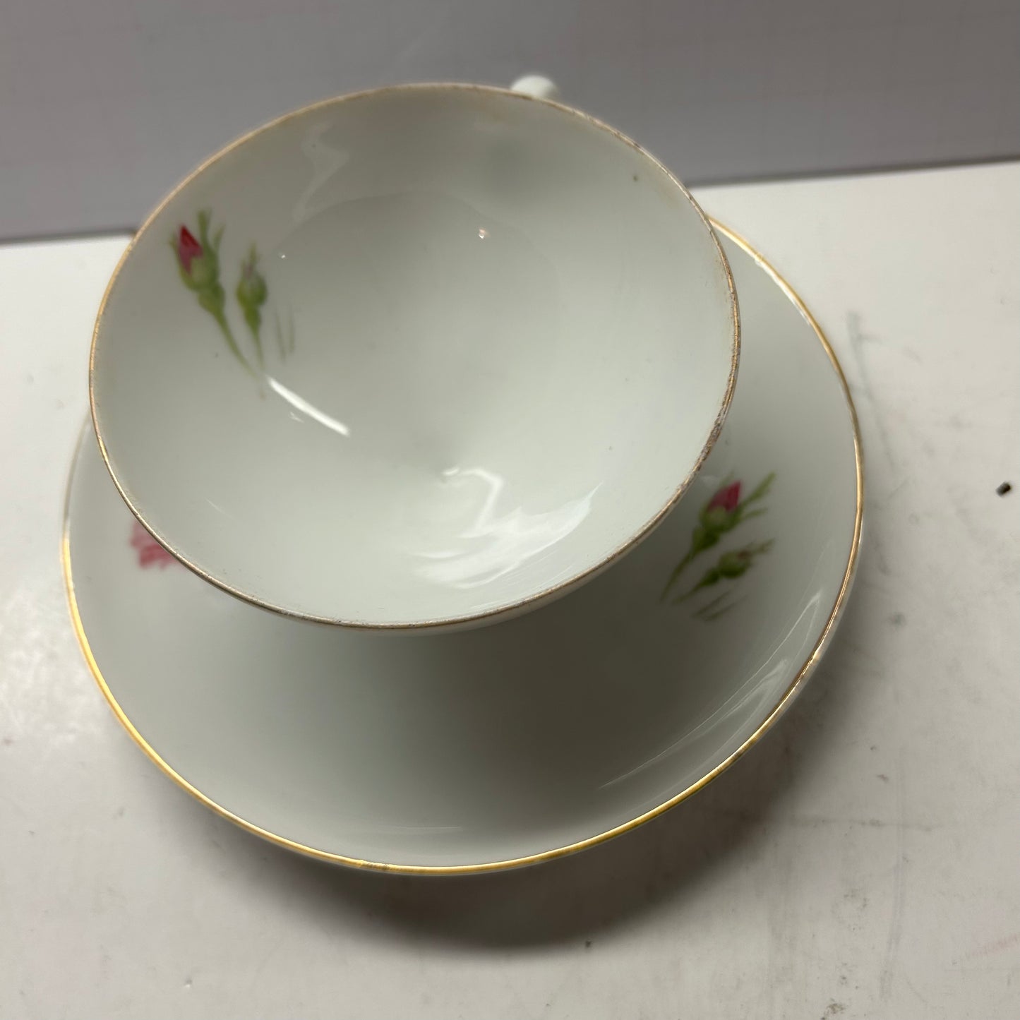 White and Pink Rose Floral Design with Gold Rim Tea Cup and Saucer