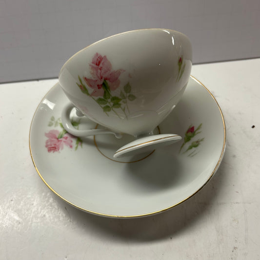 White  and Pink Rose Floral Design with Gold Rim Tea Cup and Saucer