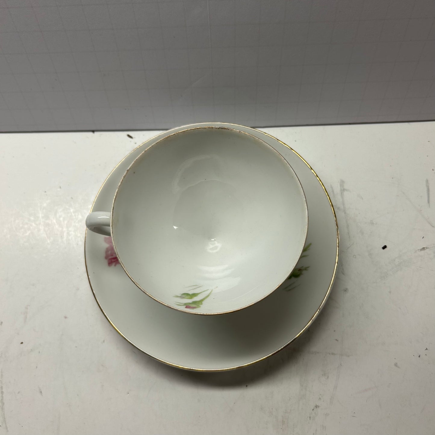 White and Pink Rose Floral Design with Gold Rim Tea Cup and Saucer