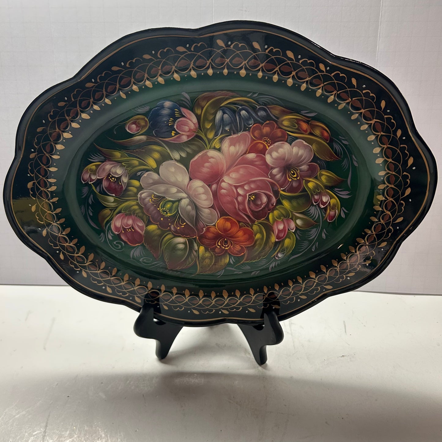 Vintage Hand Painted Russian Metal Tray Floral Design