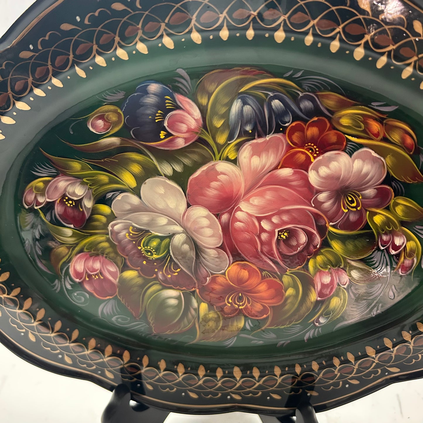 Vintage Hand Painted Russian Metal Tray Floral Design