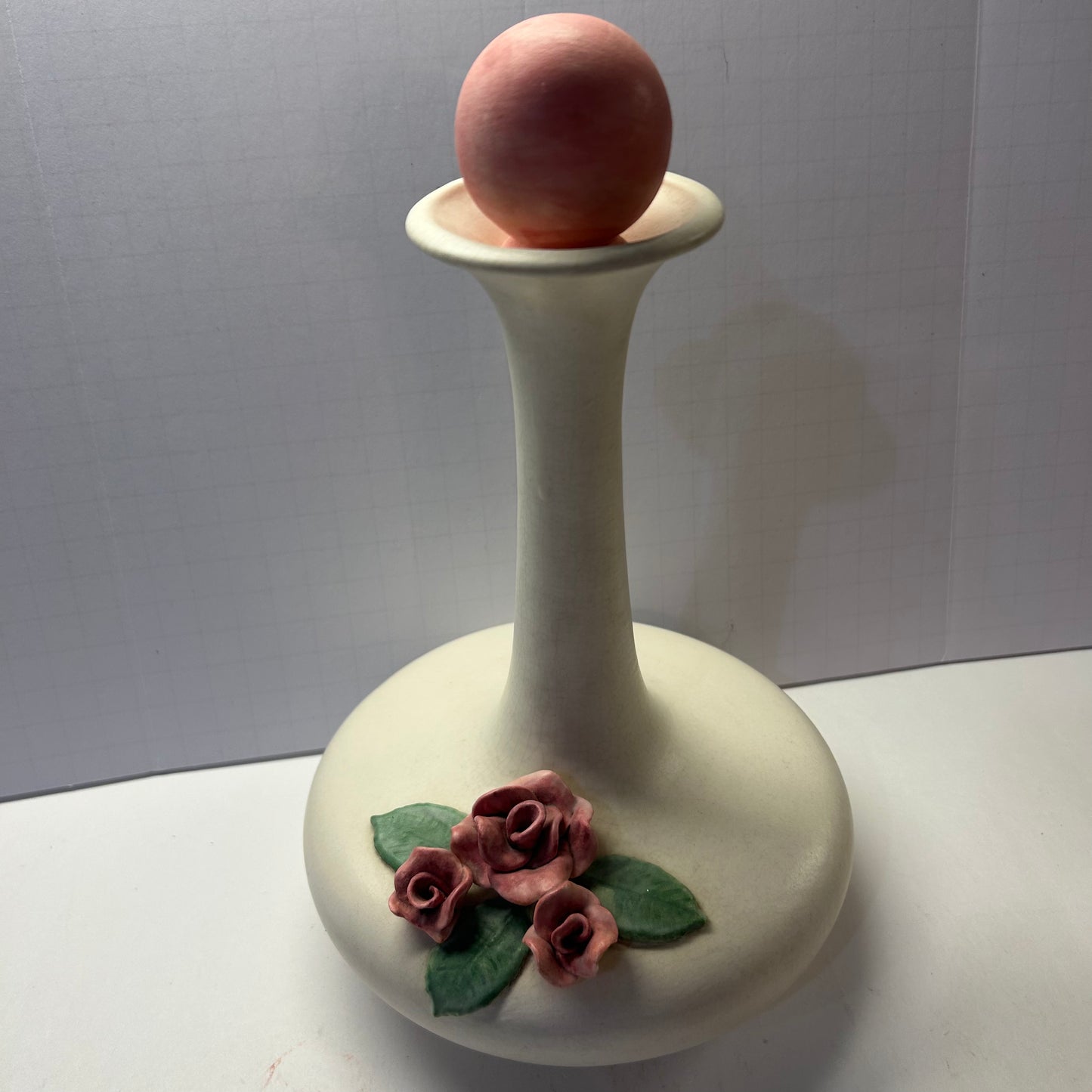 Vintage Cream and Pink Vase with Rose Design