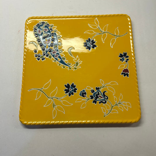 VB BRAND Hand Painted Art Ceramic Yellow and Blue Paisley Decorative TRIVET