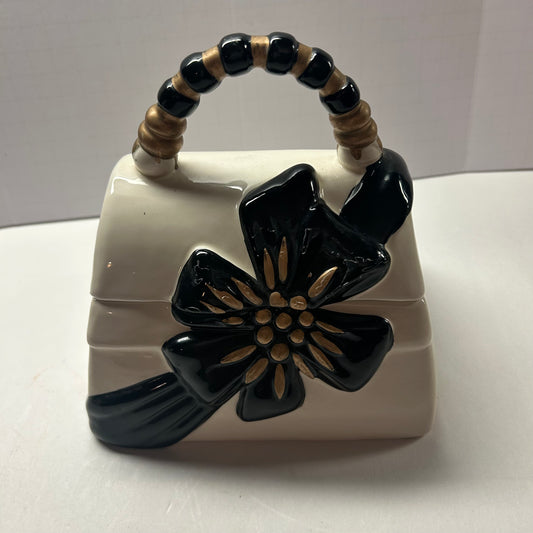 White Black and Gold Ceramic Cookie Jar Purse with Flower Design