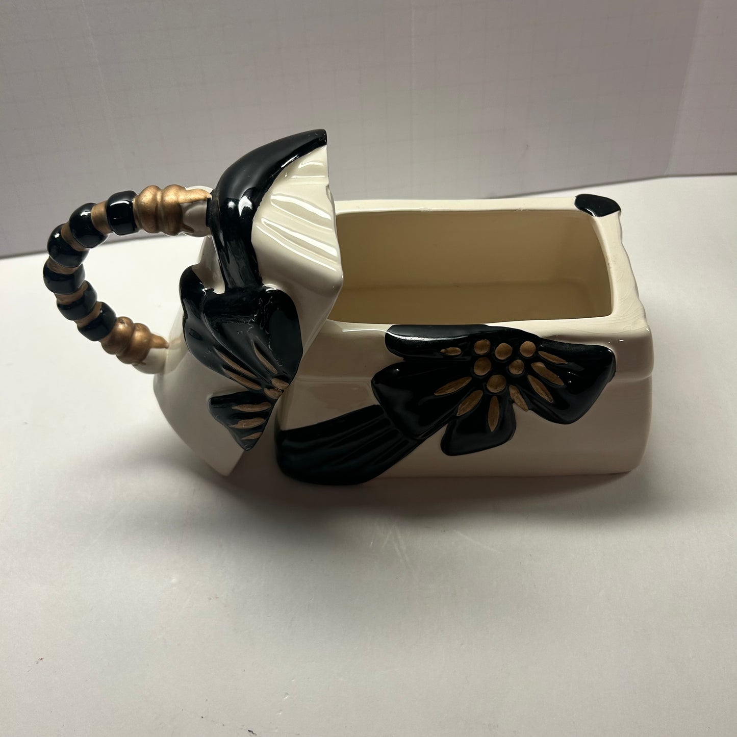 White Black and Gold Ceramic Cookie Jar Purse with Flower Design