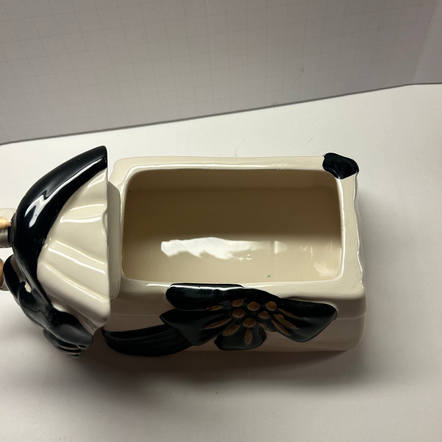 White Black and Gold Ceramic Cookie Jar Purse with Flower Design