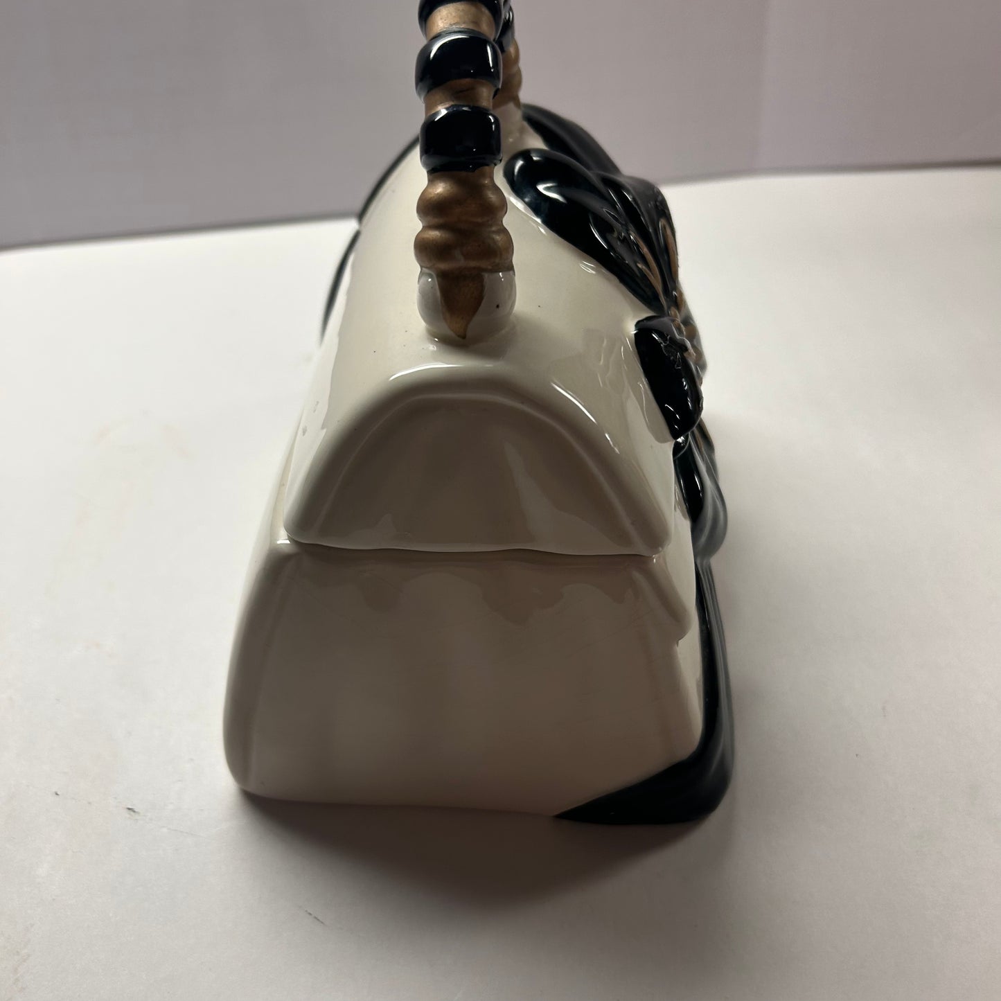 White Black and Gold Ceramic Cookie Jar Purse with Flower Design