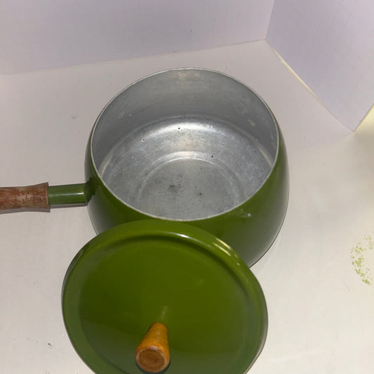 Vintage Avocado Green Enameled Fondue Pot with Wood Handle
