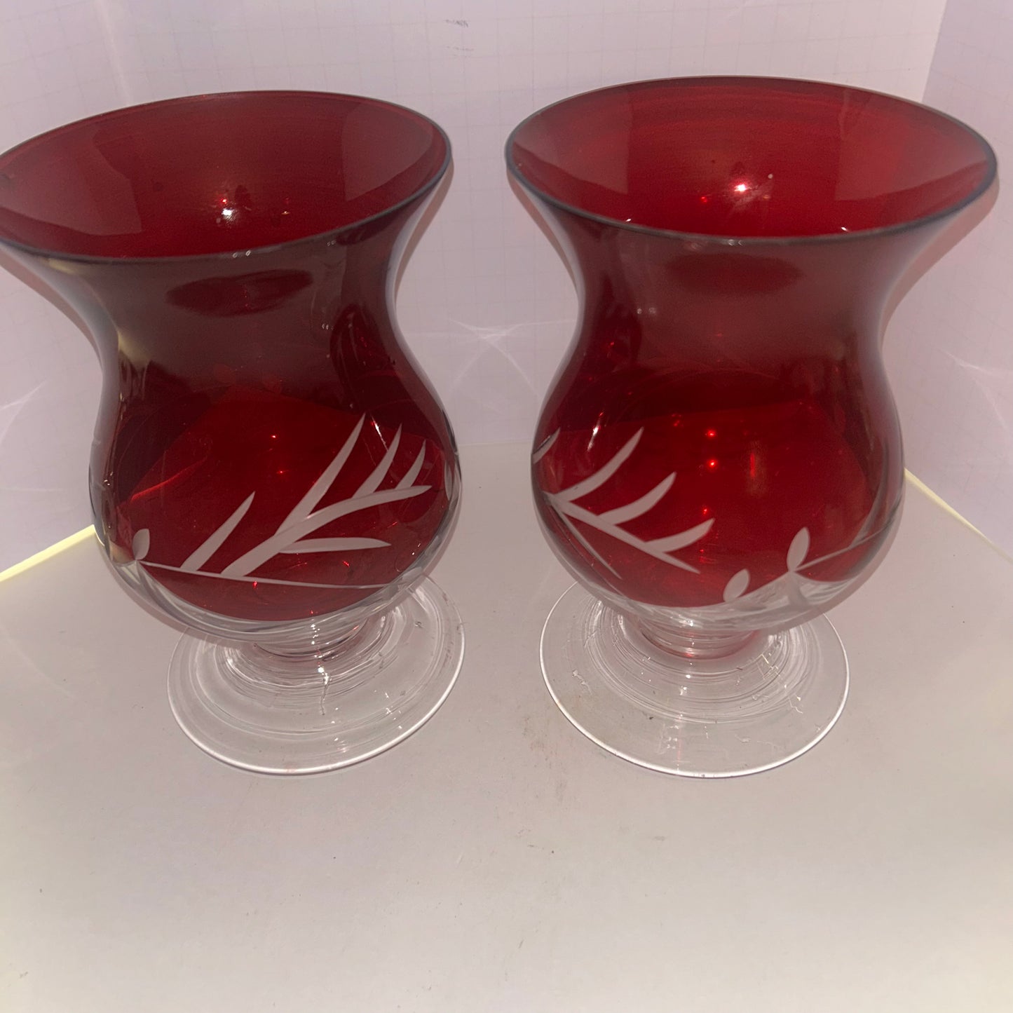 Vintage LENOX Floral Christmas Ruby Red Hurricane Votive Candle Holder Etched (set of 2)