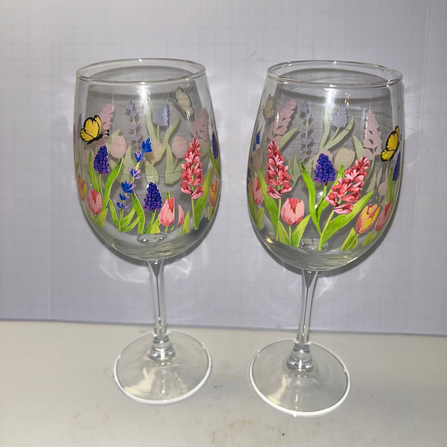 Wine Glasses Spring Flower Design w/ Butterfly