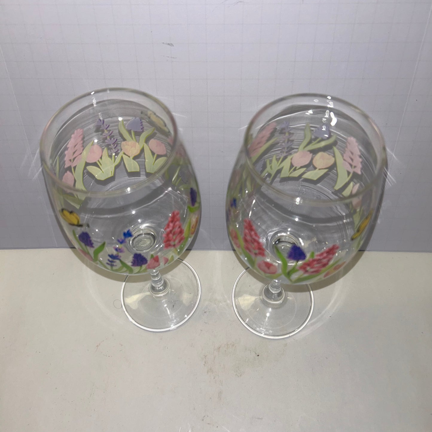 Wine Glasses Spring Flower Design w/ Butterfly